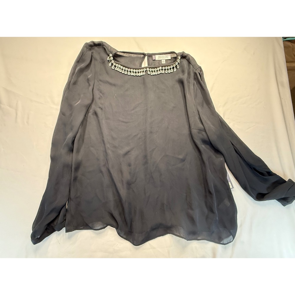 Jennifer Lopez Womens XL Black Blouse Rhinestone Neck Long Sleeve Keyhole Top